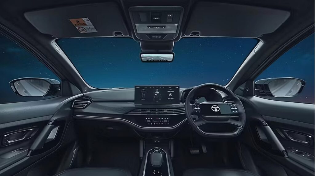 Tata Harrier EV interior with 14.5-inch Samsung Neo QLED touchscreen and grey-white theme