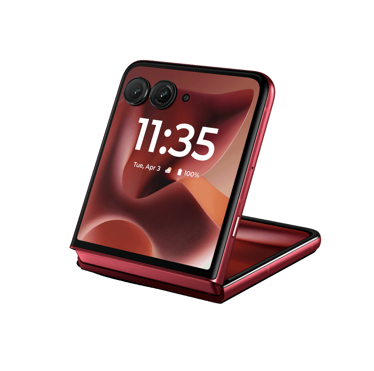 3D-rendered view of Motorola Razr 60 Ultra showcasing premium foldable design with dual display in crimson red color