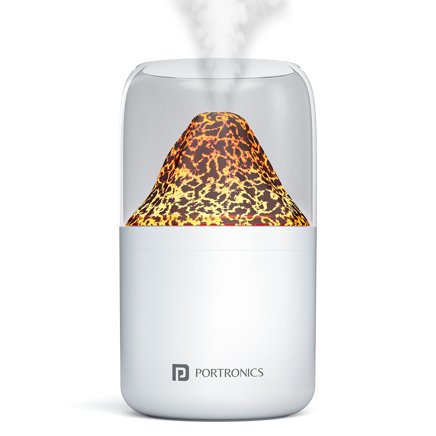 Portronics Magma 2-in-1 Volcano Mist Humidifier with Night Lamp glowing in dark ambiance