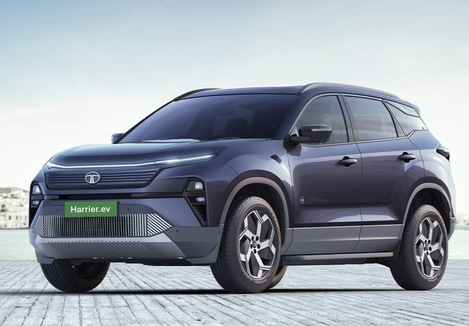 2025 Tata Harrier EV front profile with blanked-out grille and LED lighting
